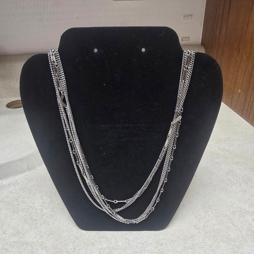 Silver Tone Multi Strand Layered Long Necklace Bar and Curb Chain Link Statement